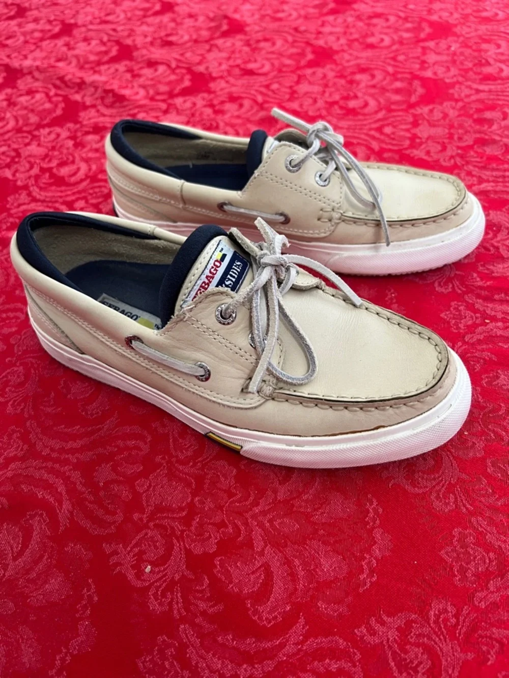 Sebago Docksides Boat Shoes Men's 7.5 Cream Leather Lace Up Moc Toe